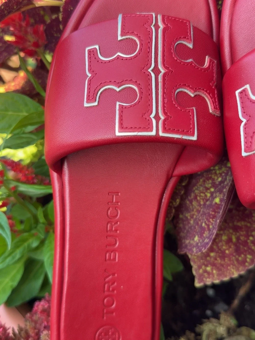 Tory Burch Red Leather Logo Slide Sandals with Contrast Trim